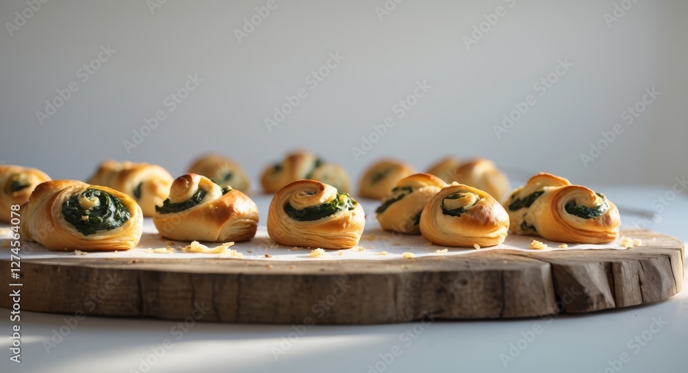Golden Brown Spinach and Cheese Pastry Rolls on Wooden Board. Golden Brown Spinach and Cheese Pastry Rolls on Wooden Board.