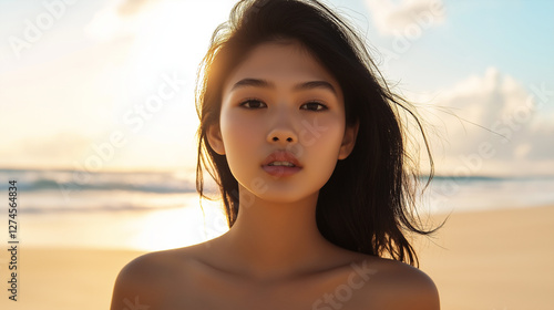 Porträt einer jungen asiatischen Frau am Strand bei Sonnenuntergang. Der natürliche Look und das warme Licht verleihen dem Bild eine authentische, sommerliche Atmosphäre photo