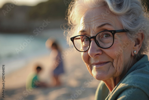 Senior woman with glasses smiling at camera on sandy beach with blurred family members playing in background creating warm and joyful scene