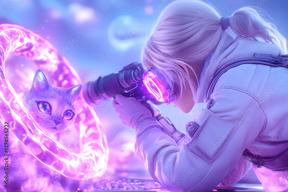 Young Woman with Cat in Futuristic Scene Young Woman with Cat in Futuristic Scene