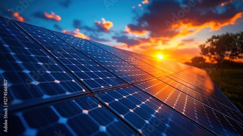 Sunset solar panels field energy renewable photo