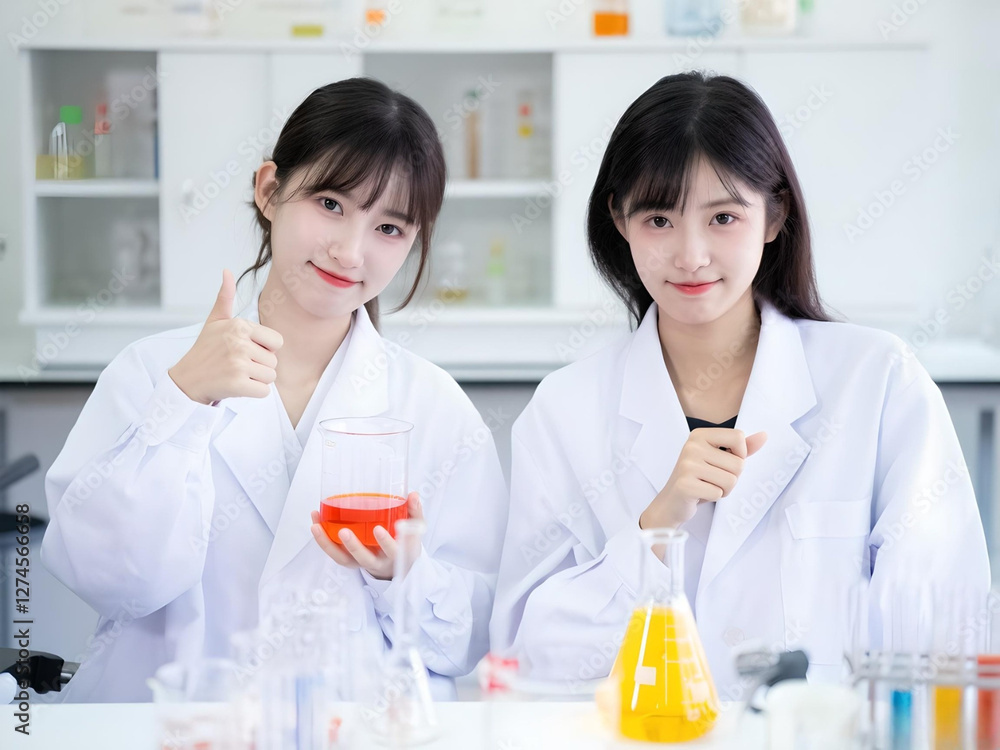 Two Scientists Conducting Experiments With Colored Solutions in a Laboratory. Two young scientists in a laboratory conducting experiments with colorful solutions and lab glassware. Two Scientists Conducting Experiments With Colored Solutions in a Laboratory. Two young scientists in a laboratory conducting experiments with colorful solutions and lab glassware.