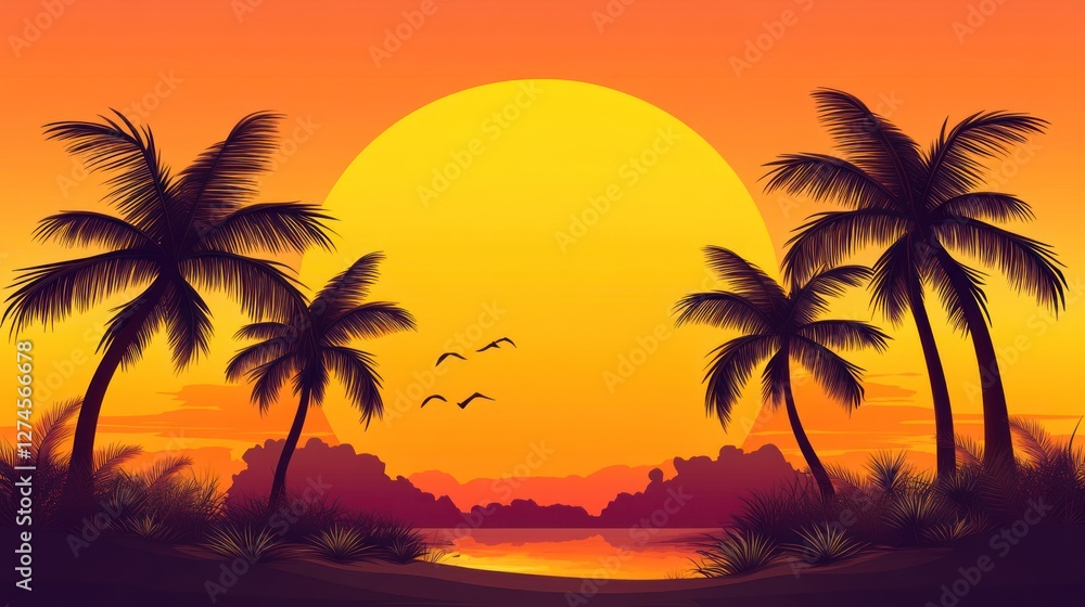 Silhouetted Palm Trees at Sunset Over Tropical Beach Silhouetted Palm Trees at Sunset Over Tropical Beach