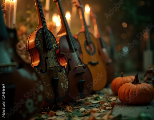 Vibrant Dia de Muertos Celebration with Traditional Instruments and Seasonal Pumpkins photo