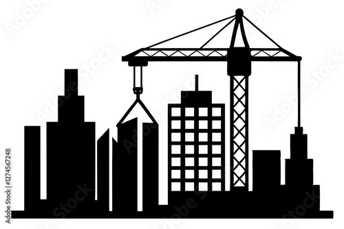Silhouette Vector of Construction Crane at Work on High-Rise Tower