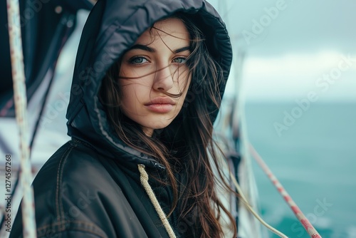 Beautiful Girl wearing a Hoddie standing on a Yacht, Photo captured with DSLR Camera 5.0mm Lens, Highly Detailed, high-resolution 16k --ar 3:2 --v 6 Job ID: a63e62c2-89db-44fc-8442-3834fa6a44dd photo