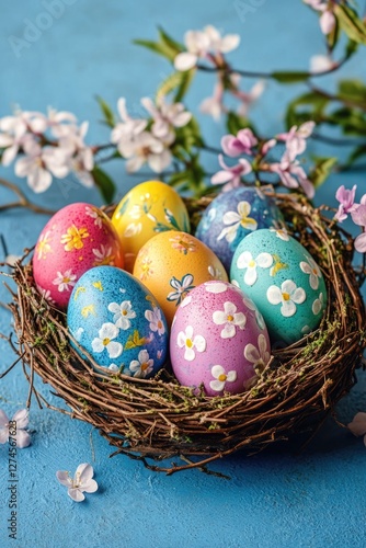 Colorful, decorated Easter eggs arranged in a nest. photo