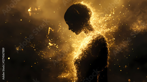 Depict a human silhouette slowly unraveling into luminous particles, representing the dissolution of the physical body into spiritual energy. Luminous Metaphysical Energy. Illustration photo