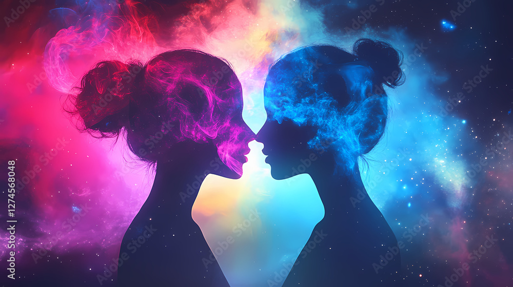 Fototapeta premium Ethereal connection: silhouettes intertwined in a universe of light. Luminous Metaphysical Energy. Illustration