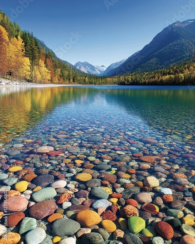 The lake features crystal-clear water that makes the rocky bottom easily visible. The greenery surrounding it adds to the tranquil setting photo