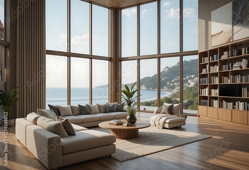 Luxurious living room beautiful view ocean has high bookshelf background home