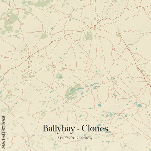 Vintage map of Ballybay - Clones, Ireland.