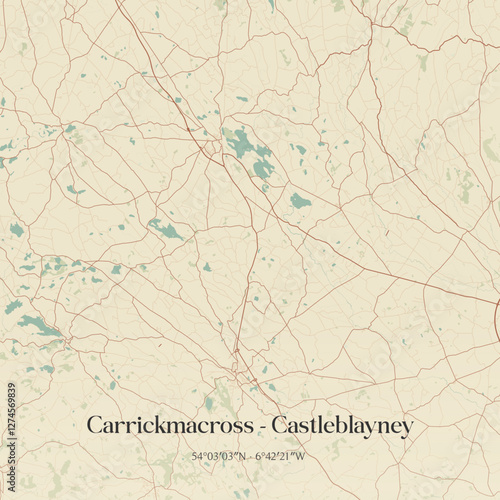 Vintage map of Carrickmacross - Castleblayney, Ireland.