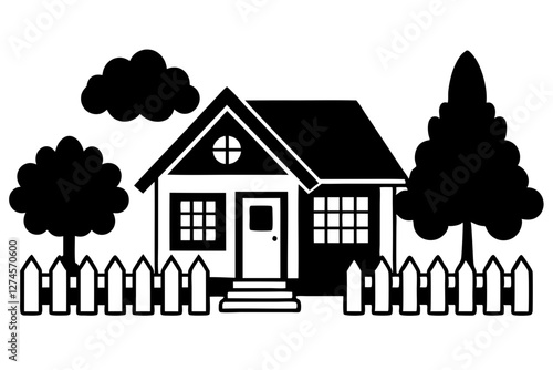 Beautiful Garden Home with Trees and Picket Fence - Vector Art