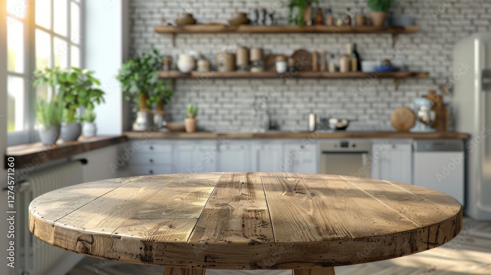 Clean kitchen interior with a round wood countertop, perfect for product montages or banners Clean kitchen interior with a round wood countertop, perfect for product montages or banners