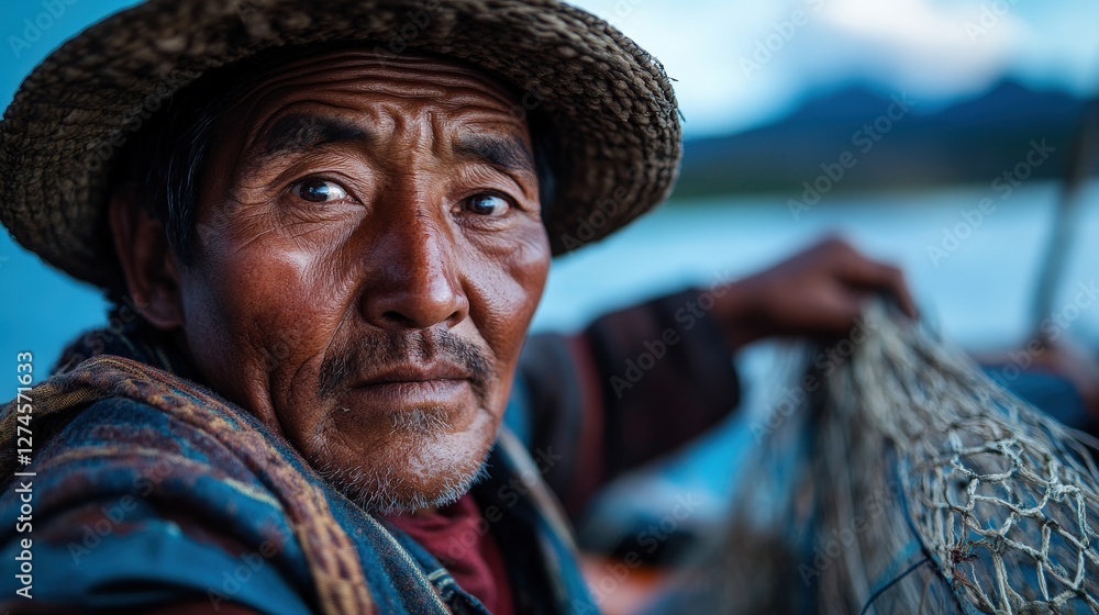 An evocative portrait of an experienced fisherman gazing thoughtfully into tranquil waters, reflecting his deep connection with nature and the serenity found in a lifetime of fishing. An evocative portrait of an experienced fisherman gazing thoughtfully into tranquil waters, reflecting his deep connection with nature and the serenity found in a lifetime of fishing.