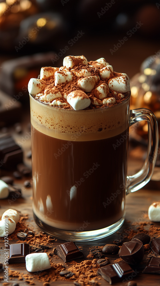 Steaming Hot Chocolate with Marshmallows on Rustic Wooden Board Steaming Hot Chocolate with Marshmallows on Rustic Wooden Board