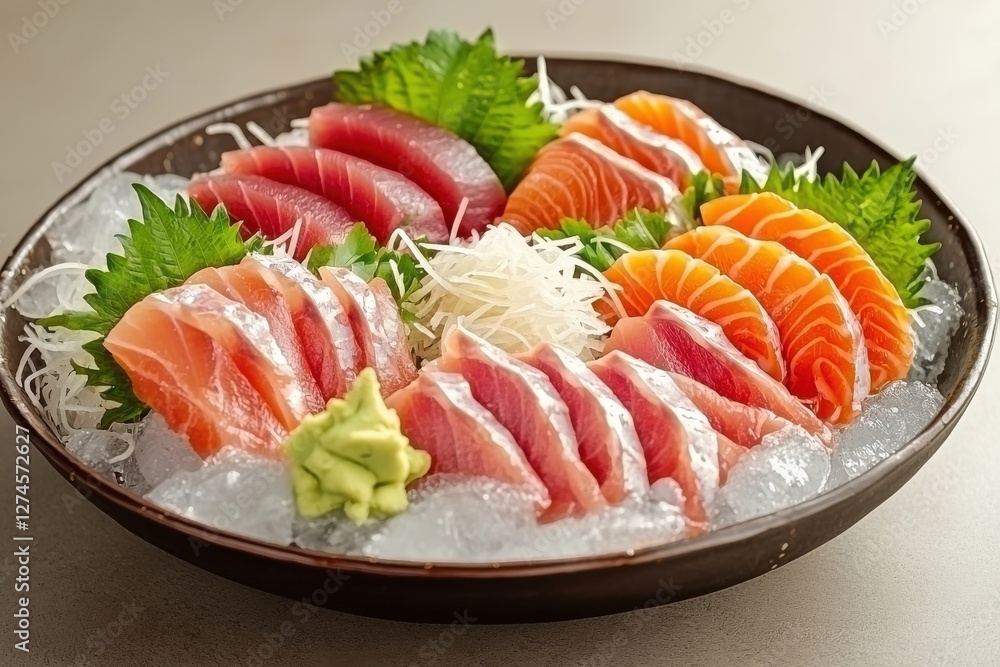 A meticulously arranged platter of assorted sashimi, featuring fresh salmon and tuna on ice, complemented by delicate garnish and traditional wasabi. A meticulously arranged platter of assorted sashimi, featuring fresh salmon and tuna on ice, complemented by delicate garnish and traditional wasabi.