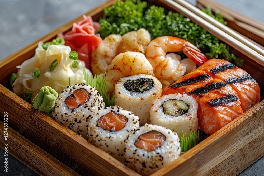 A tantalizing sushi assortment with grilled salmon, shrimp, and diverse maki rolls, beautifully displayed in a bento box, complete with fresh greens and traditional condiments. A tantalizing sushi assortment with grilled salmon, shrimp, and diverse maki rolls, beautifully displayed in a bento box, complete with fresh greens and traditional condiments.