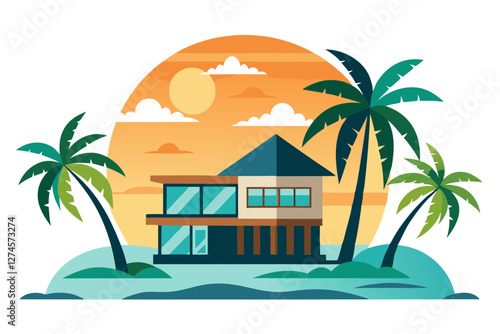 Tropical Beach House Vector Illustration with Sun & Palm Trees