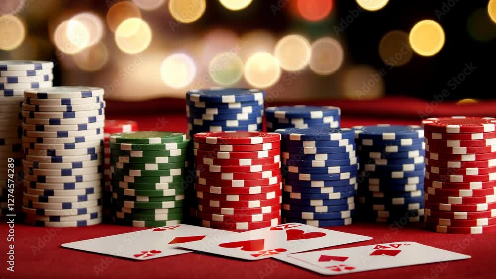A neatly stacked pile of poker chips in various colors, placed on a casino table, symbolizing gambling, betting, and high-stakes gaming. . High quality 4k footage A neatly stacked pile of poker chips in various colors, placed on a casino table, symbolizing gambling, betting, and high-stakes gaming. . High quality 4k footage