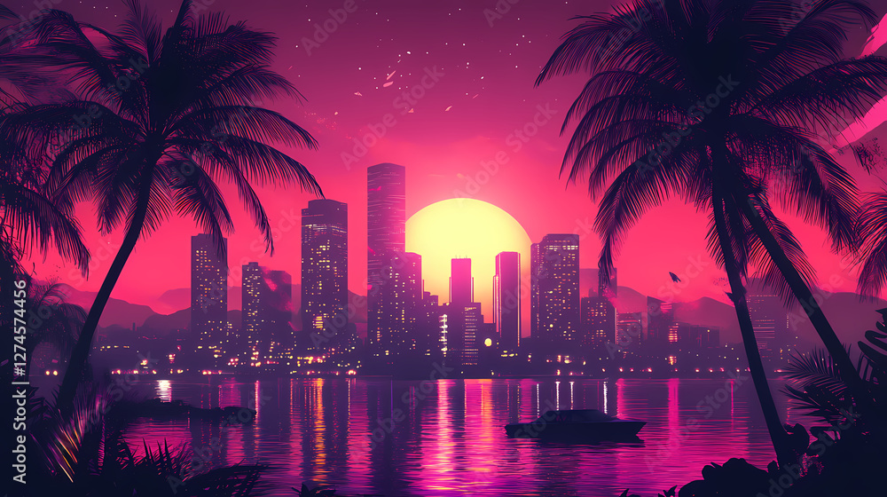 Obraz premium Vaporwave cityscape with neon lights and palm trees under pink sunset copy space. Dreamlike Electric Trees. Illustration