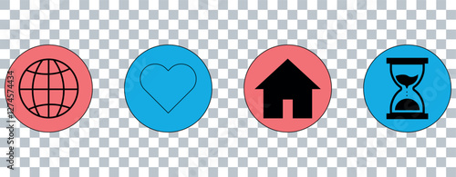 Colourful home, heart, globe, timer icon, on transparent background.