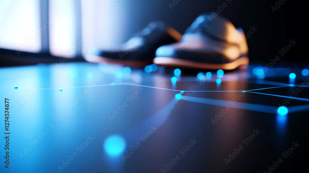 Futuristic footwear overlaid with digital network and blue light dots creating a modern technology aesthetic Futuristic footwear overlaid with digital network and blue light dots creating a modern technology aesthetic