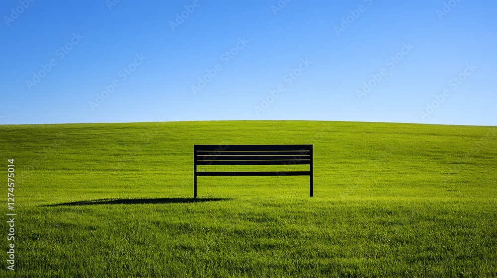 Lone Bench on a Verdant Rolling Green Hill