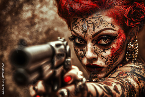 Striking portrait of a beautiful woman with detailed skull makeup, holding a gun in her hands, combining beauty with a bold, edgy vibe photo