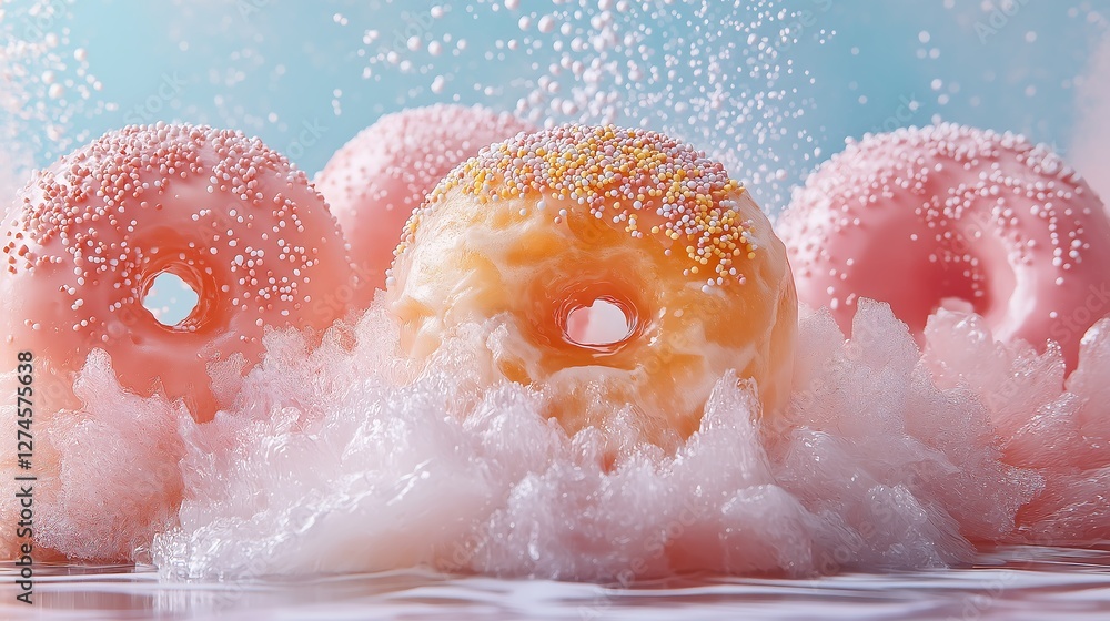 Fototapeta premium Colorful donuts splashing in bubble foam create a playful and enticing dessert display in a vibrant setting