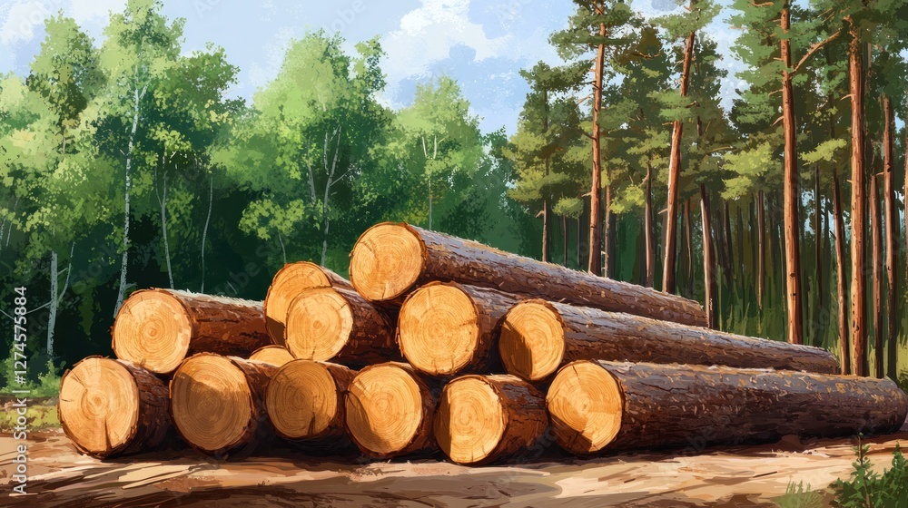 Forest Lumberjacks Stacked Logs in Pine Forest Forest Lumberjacks Stacked Logs in Pine Forest