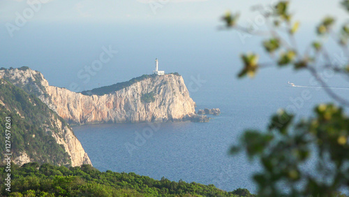 Greek landscape of Lefkada Island Ducato Cape with its lighthouse on the top