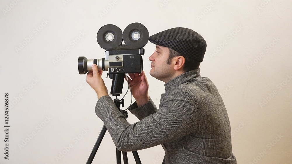 Obraz premium Man with vintage video camera on tripod