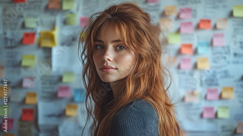 Redhead woman looks back, notes wall, office, brainstorming