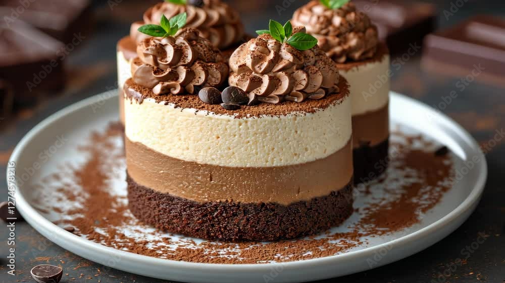 A rich and creamy chocolate cake topped with cocoa powder and a decorative swirl, showcasing a delicious dessert perfect for indulgence. . High quality 4k footage A rich and creamy chocolate cake topped with cocoa powder and a decorative swirl, showcasing a delicious dessert perfect for indulgence. . High quality 4k footage