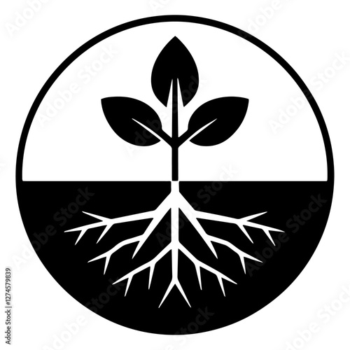 Plant with roots in a circle vector logo, black sprout logo with roots icon