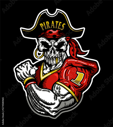 muscular pirate skull mascot wearing football jersey for school, college or league sports