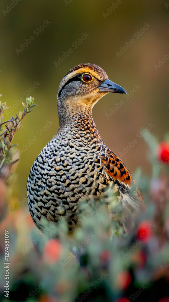 Hottentot Teal perching amid dense bushes, blending with verdant foliage while scanning surrounding landscape with keen gaze Hottentot Teal perching amid dense bushes, blending with verdant foliage while scanning surrounding landscape with keen gaze