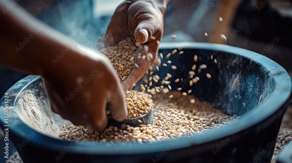 Hands pouring wheat grains into a millstone for grinding, creating flour and dust. Hands pouring wheat grains into a millstone for grinding, creating flour and dust.
