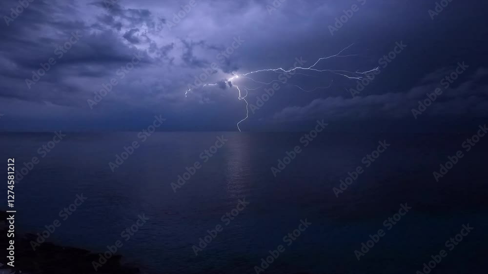 Explosive Dramatic Nighttime Lightning Storm exploding lightning bolts flashing over the ocean near the Carribbean Sea and the Gulf of Mexico