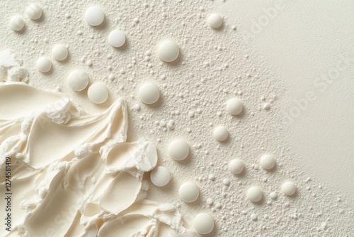 White powder and small white pills are artistically arranged on a light background, possibly representing pharmaceutical or wellness themes photo