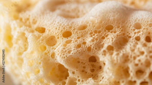 Close-up of pale yellow foam with many air bubbles, textured surface.