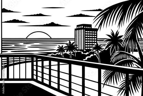 Scenic Hotel Balcony View Vector – Beach & City Skyline at Sunset