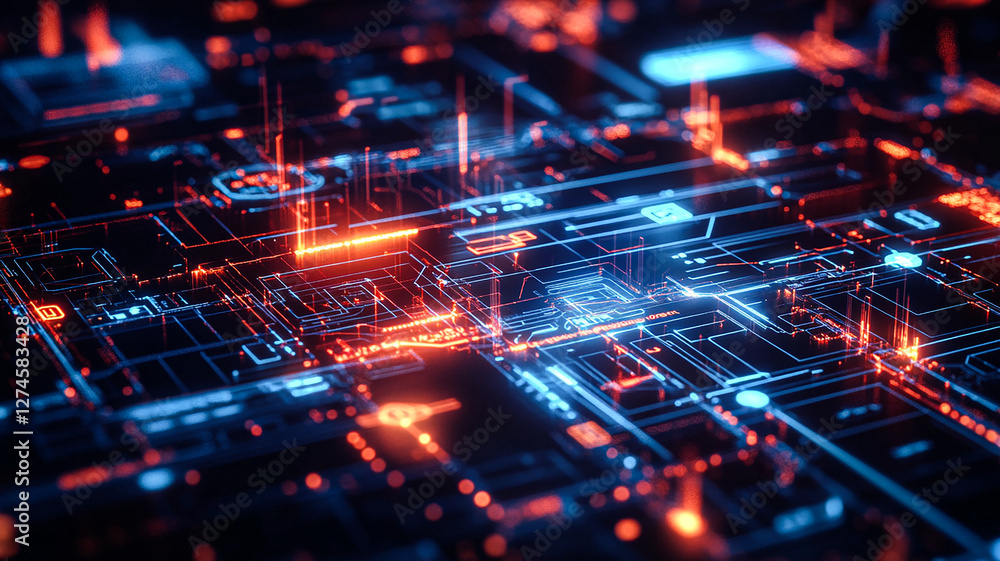 Futuristic Circuit Board Vibrant Digital Network glowing with Red and Blue energy Futuristic Circuit Board Vibrant Digital Network glowing with Red and Blue energy