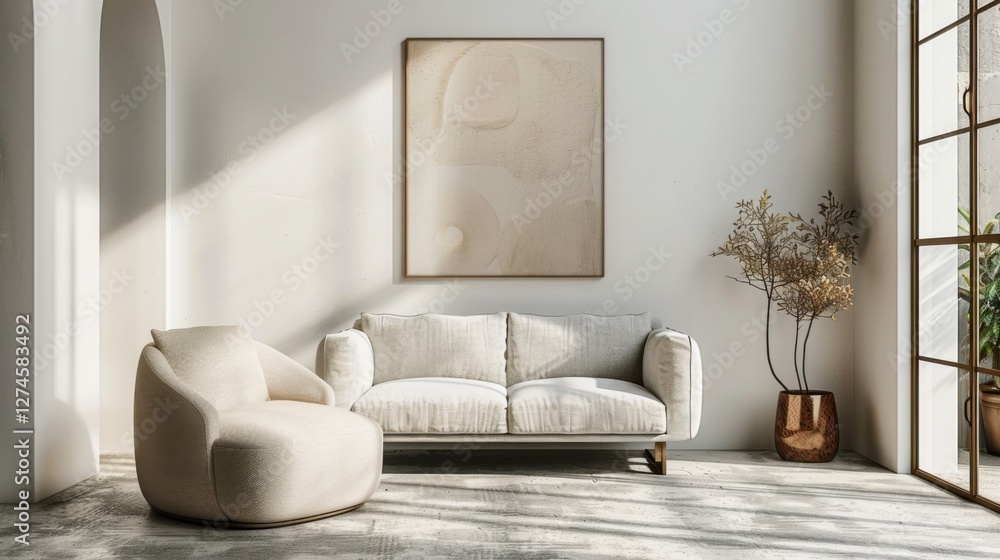 Elegant living room with a velvet sofa, a statement armchair, and art prints on the wall Elegant living room with a velvet sofa, a statement armchair, and art prints on the wall