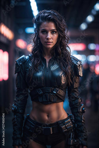 Portrait of Cyberpunk Warrior Woman in Futuristic Tactical Gear, Strong and Fearless Sci-Fi Fighter in a Neon City Setting, generative AI
