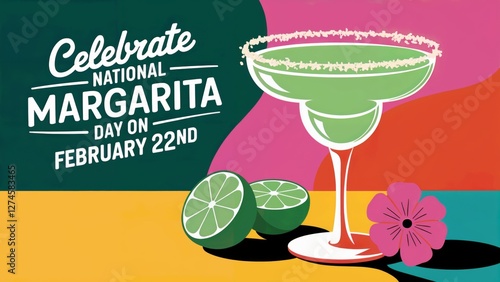 Illustration of a margarita cocktail with salted rim, lime, and flower, celebrating National Margarita Day on February 22nd