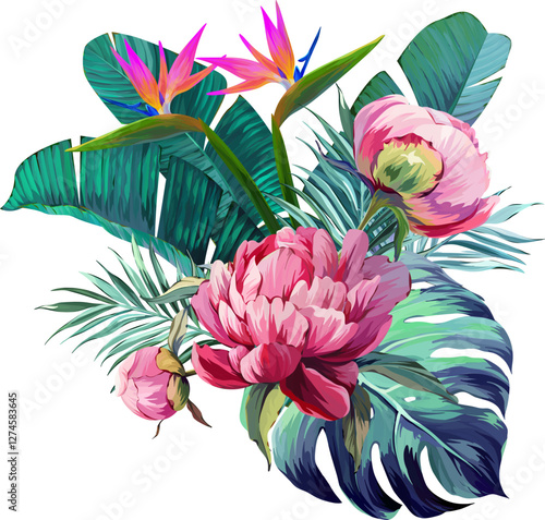 Vector bouquet of flowers. Roses, peonies, rose hips, foliage, bright summer flowers. Rose, peony