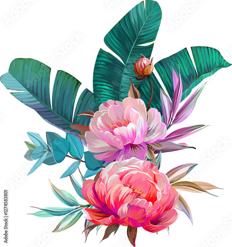 Vector bouquet of flowers. Roses, peonies, rose hips, foliage, bright summer flowers. Rose, peony